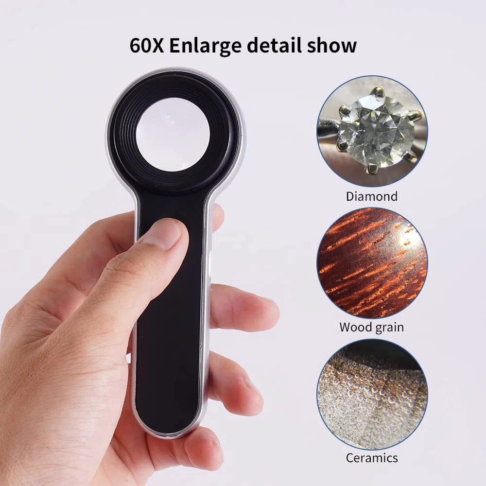 Lupa recargable iluminada de 60x con lentes de doble revestimiento, iluminación LED/UV, diseñada para la restauración de la identificación de joyas, trabajo cercano, reparación, jardinería, sellos,
