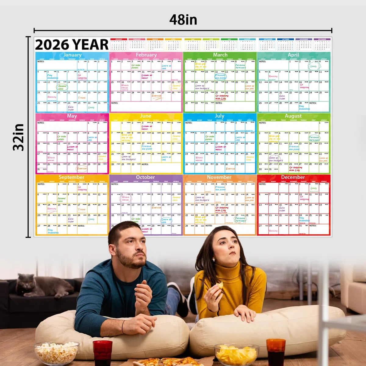 Calendario anual de pared 2026-2027 de 48 x 32 pulgadas, planificador anual de pared grande laminado borrable, borrado en húmedo y seco, calendario anual de 24 meses para oficina, escuela