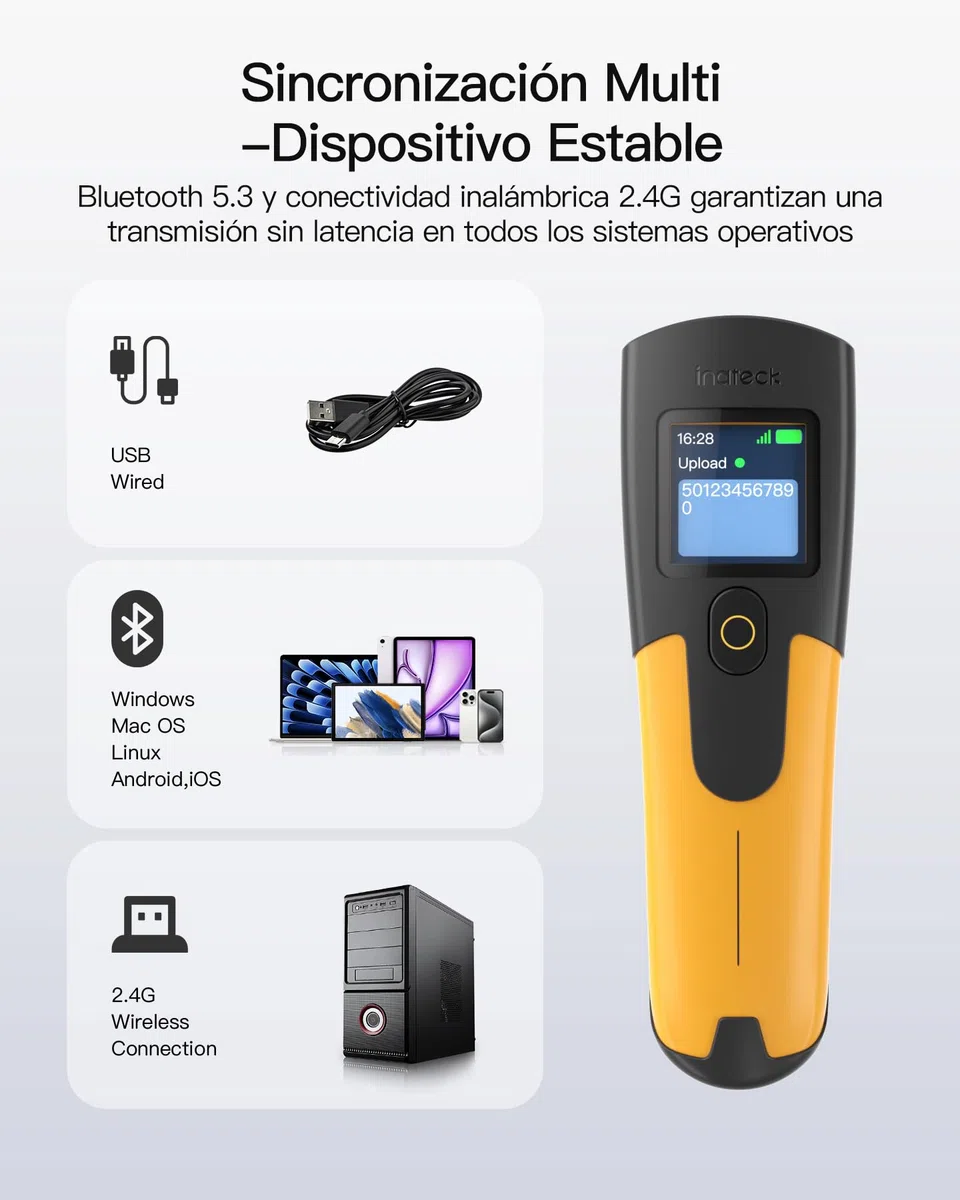 Inateck Escáner de código de Barras inalámbrico 1D 2D, escáner de código QR pequeño Bolsillo para inventario, Bluetooth 3 en 1 y Cable USB y 2,4 G inalámbrico, 2600 mAh, para PC, Tablet, Android, iOS
