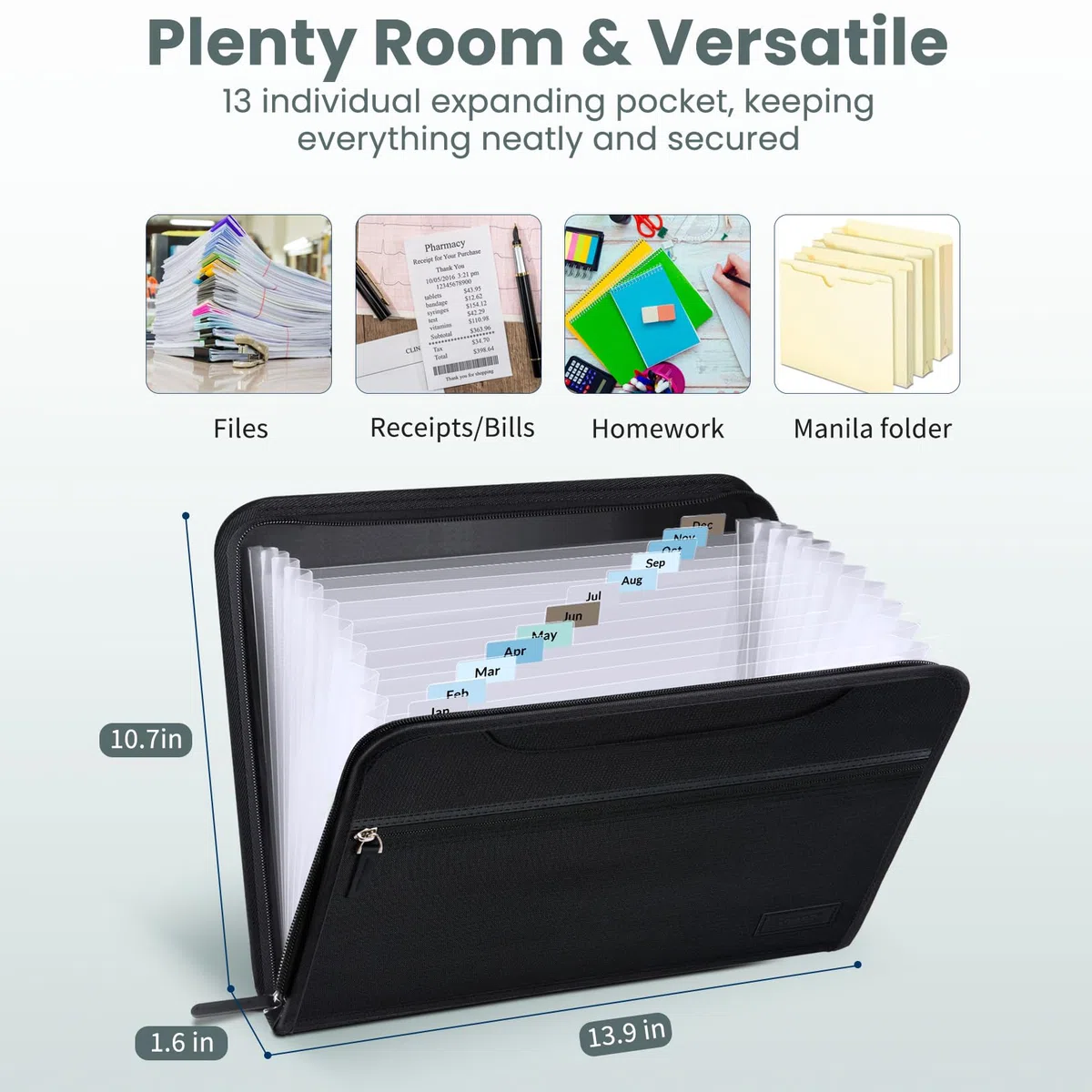 Sooez Organizador de archivos de acordeón resistente con asa, carpeta de archivos expandible de 13 bolsillos, organizador de documentos importante para facturas de papel, recibos de impuestos,