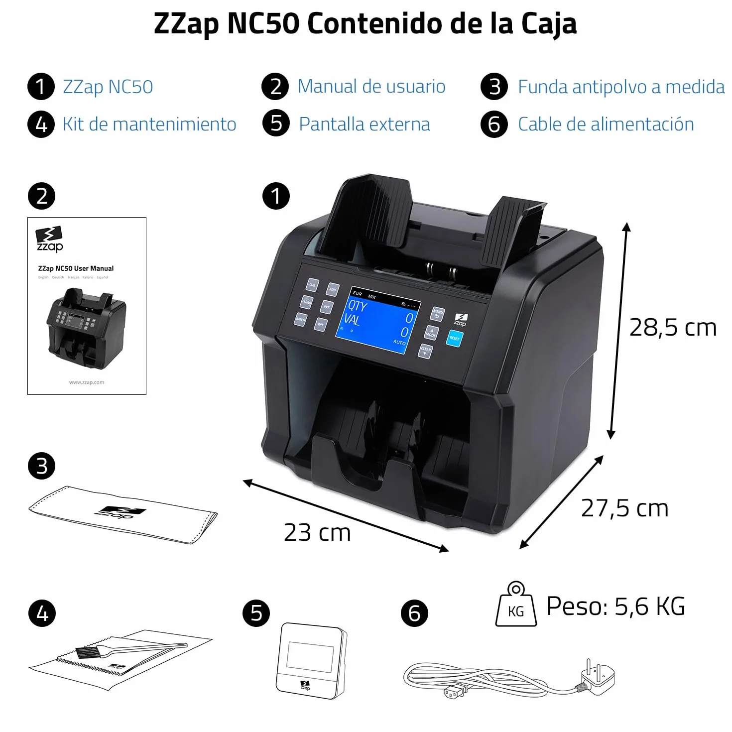 ZZap NC50 Contadora de Billetes y Detector de Falsificaciones - Contadora de Valor para Denominaciones Mixtas - Máquina de Efectivo