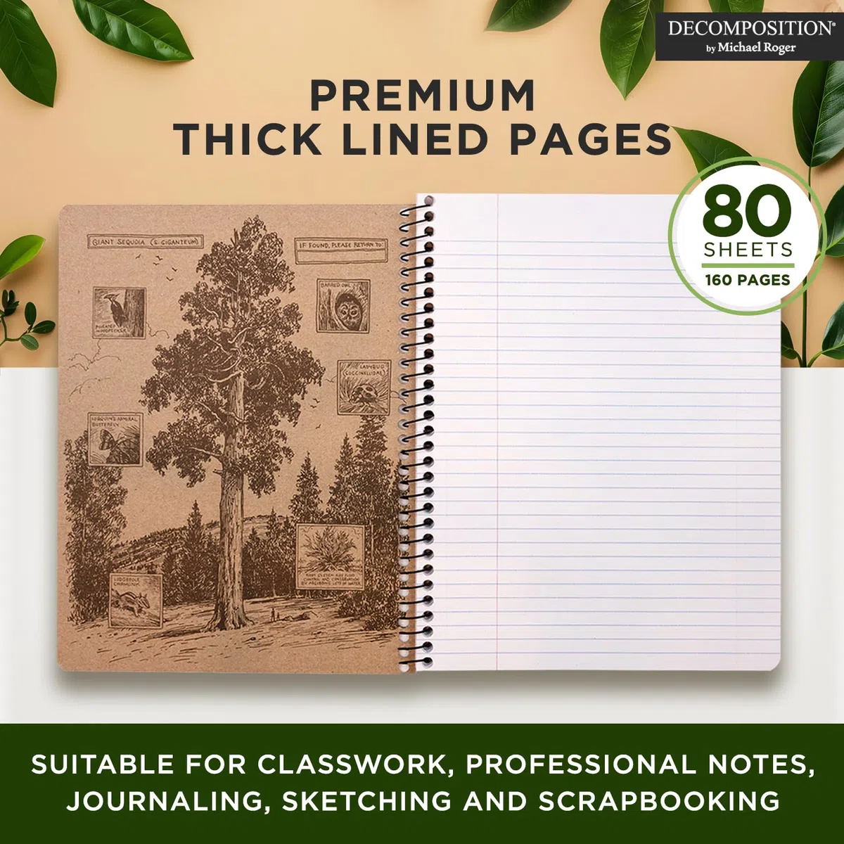 Decomposition Whimsical Garden Pack de 3 cuadernos de espiral con rayas universitarias – Diario de 24,8 x 19,1 cm, 160 páginas rayadas – Papel 100% reciclado – Cuadernos para material escolar, hogar y