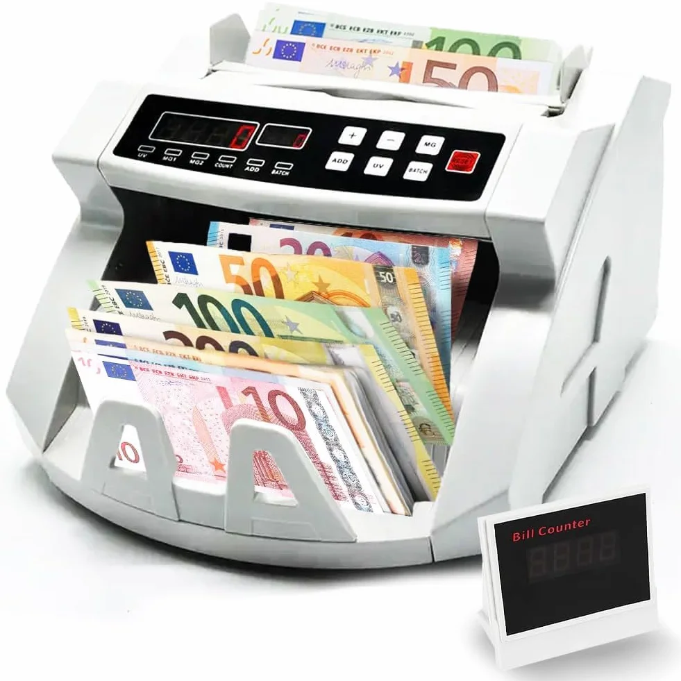 Contador de dinero portátil y detector de billetes falsos con doble pantalla led