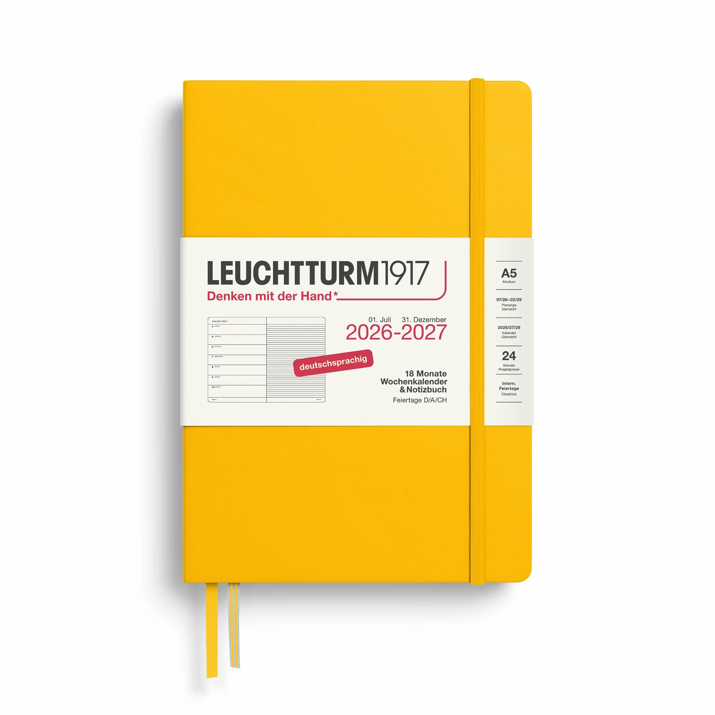 LEUCHTTURM1917 Agenda semanal 2027, A5, con cuaderno, a rayas, agenda alemana, 18 meses julio 2026 - diciembre 2027, girasol, tapa dura, 210 x 145 mm, vista semanal izquierda + página de notas a la
