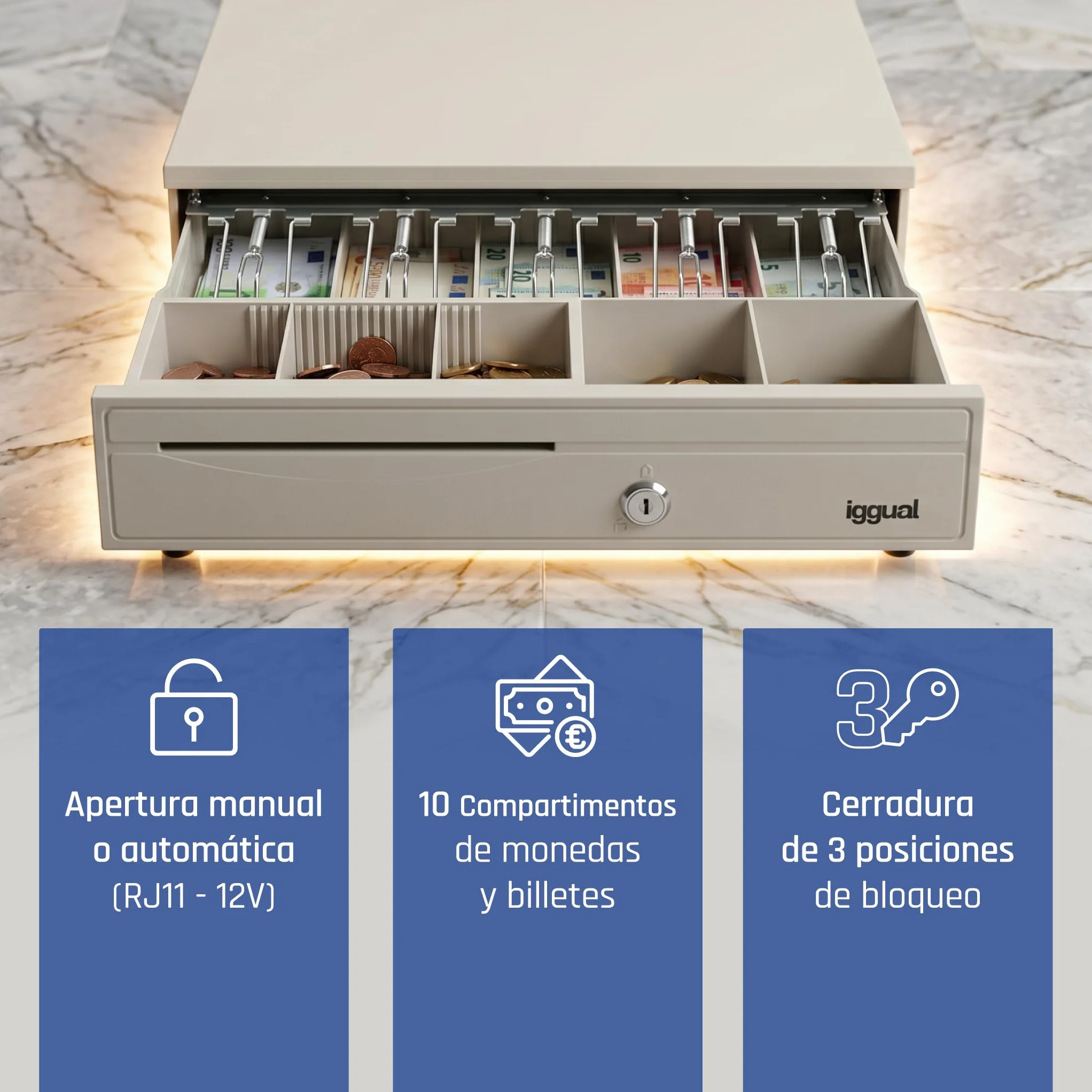 iggual – Cajón Portamonedas IRON-30W -Caja Efectivo, Registradora Manual o Automática para 5 Billetes y 5 Moneda - Cerradura 3 Posiciones- Acero+Plástico -Uso profesiona -Blanco Perla (42x40,5x10)