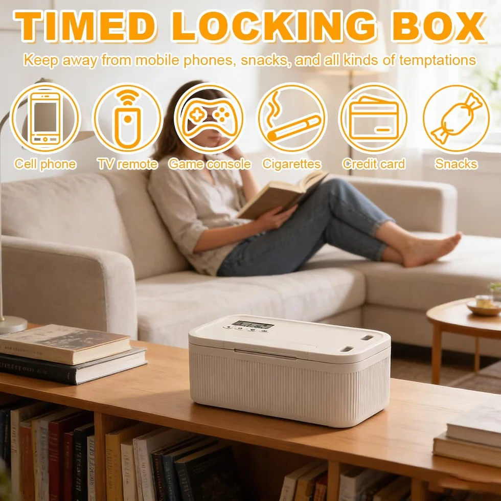 Caja con Temporizador y Bloqueo Seguro, 23,9 x 13,1 x 9,6 cm, SGZIOO Caja de Seguridad con Temporizador, 2 Modos de Funcionamiento, para Autocontrol, Gestión de Adicciones, Refrigerios y Teléfono