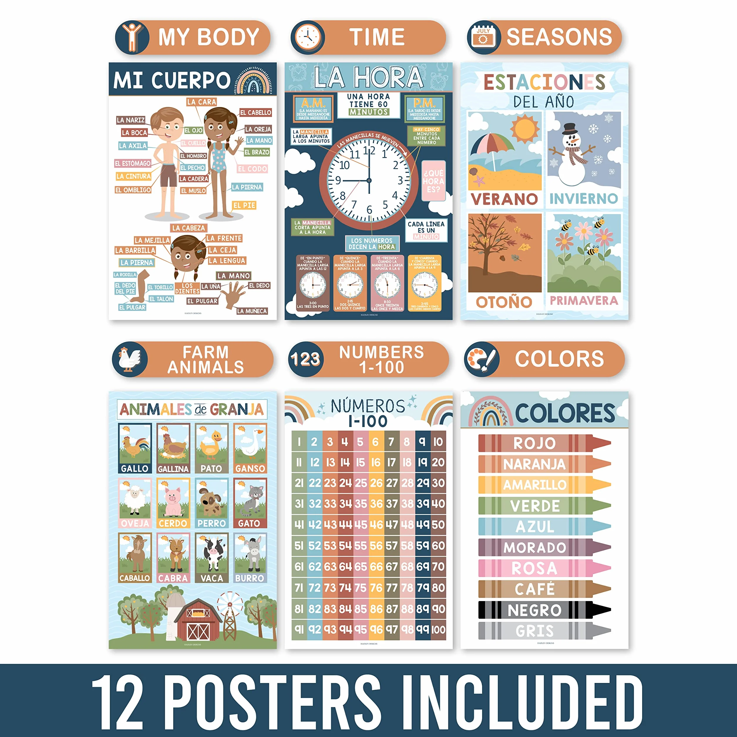 Hadley Designs Decoraciones de aula española: 12 pósteres españoles para el aula primaria, Abecedario para niños en español, pósteres educativos bilingües laminados bohemios de 11 x 17 pulgadas