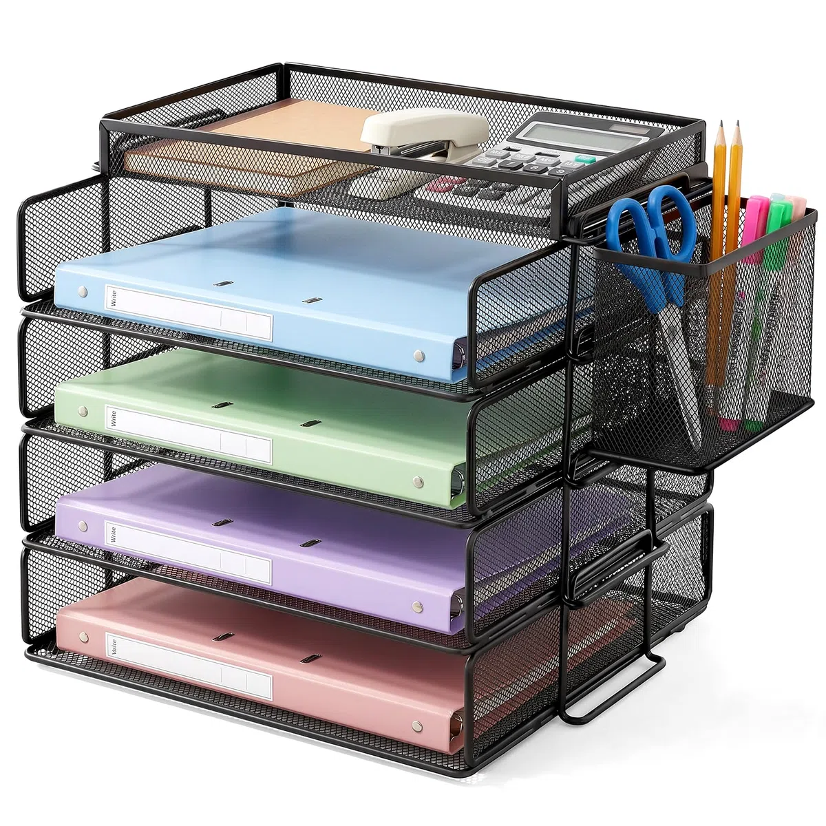 Estante apilable para Documentos A4, Organizador Escritorio con 4 bandejas y 1 portalápices, Apto para Documentos A4, Estante de Escritorio metálico, Estante de Escritorio (Negro)