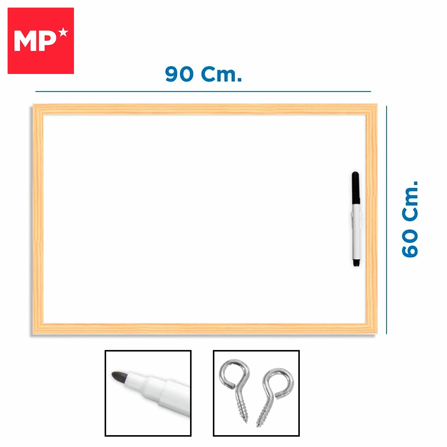 Pizarra Blanca 90x60 Marco Madera Natural Rotulador Incluido No Magnética