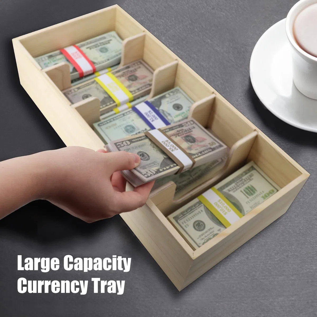Bandeja de madera para dinero en efectivo con 300 envoltorios de monedas, 5 compartimentos de madera para dinero en efectivo, caja de cambio para dinero en efectivo, cajas de dinero en efectivo