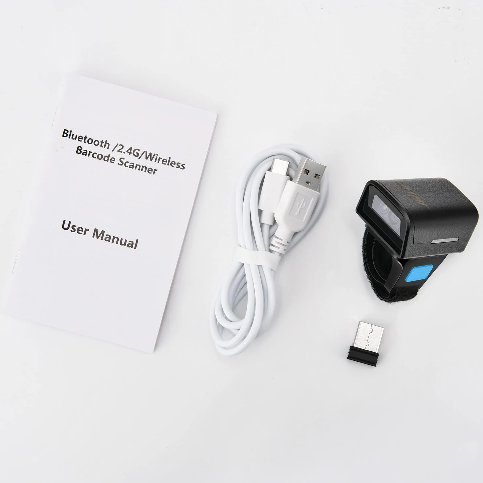 1D 2D Bluetooth portátil anillo de código de barras escáner portátil Mini lector de códigos de barras con conexión inalámbrica de 2,4 GHz y cable USB