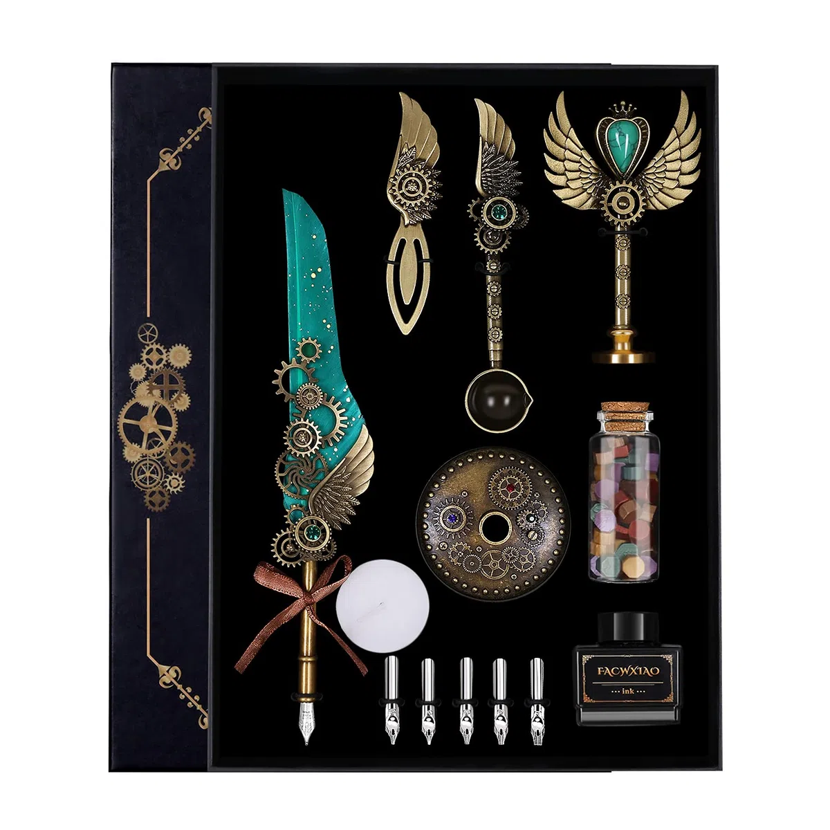 Juego de bolígrafos de pluma, verde, plumas, tinta, marcadores, sellos, puntas, cuentas de cera, sobres, papel de escritura, caja de regalo