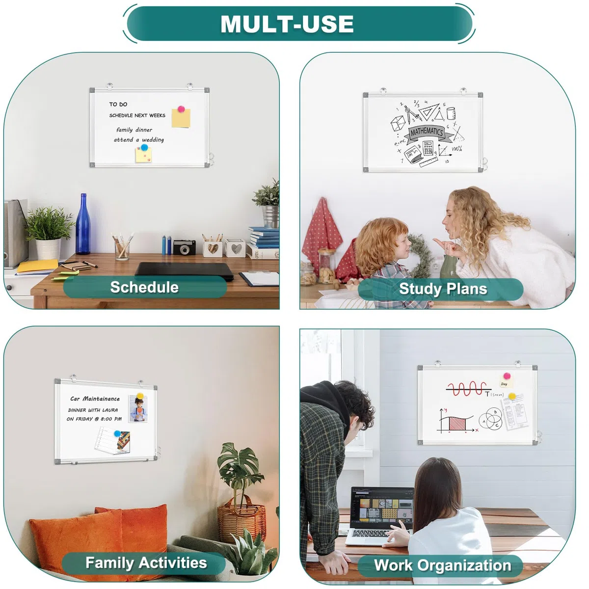 Pizarra blanca pequeña de 30 x 45 cm, pizarra blanca magnética de borrado en seco, marco de aluminio para el hogar, oficina, escuela, 4 marcadores, 1 bandeja para bolígrafos