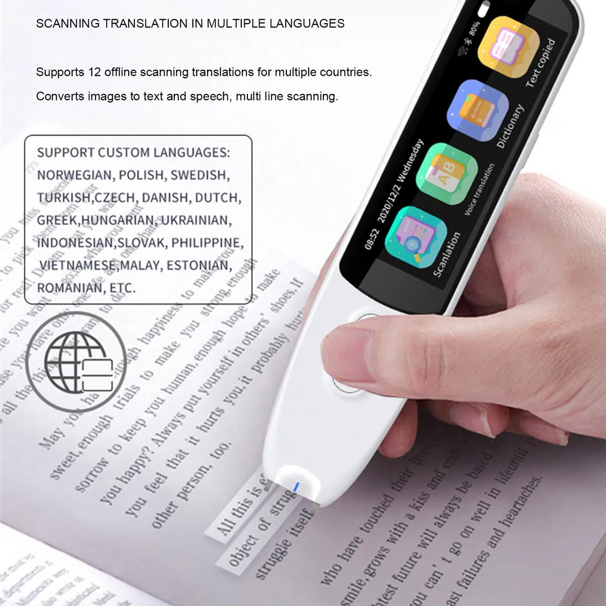 Bolígrafo de Traducción, Bluetooth WiFi sin Conexión, Bolígrafo de Lectura de Escaneo en Línea, de Escaneo con ROM de 8 GB Diccionario Incorporado de Texto a Voz para Niños y Adultos con