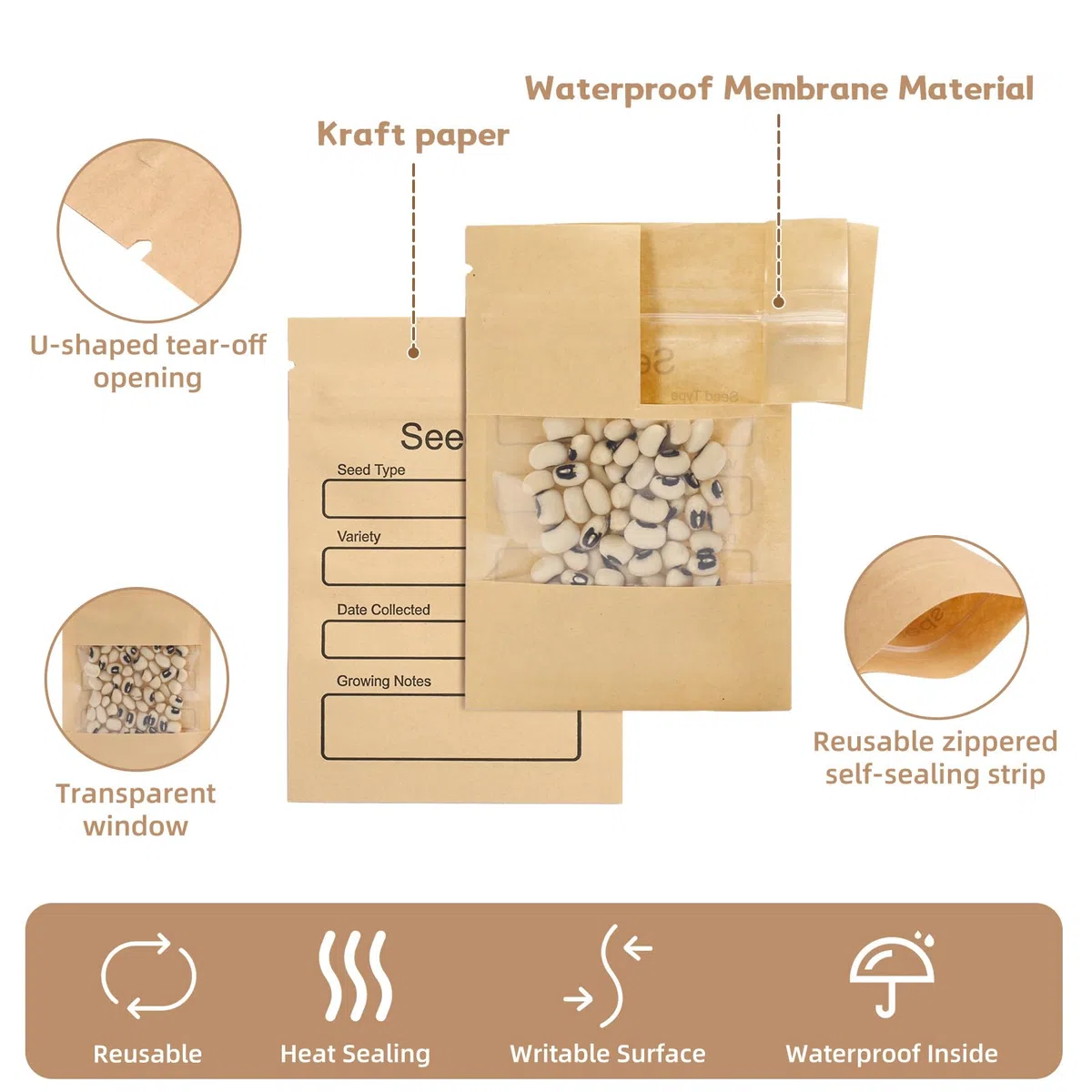 Paquete de 100 sobres pequeños resellables con ventana transparente, 3.15 x 4.72 pulgadas, sobres de papel kraft marrón con plantilla de recolección de semillas preimpresa para almacenamiento de