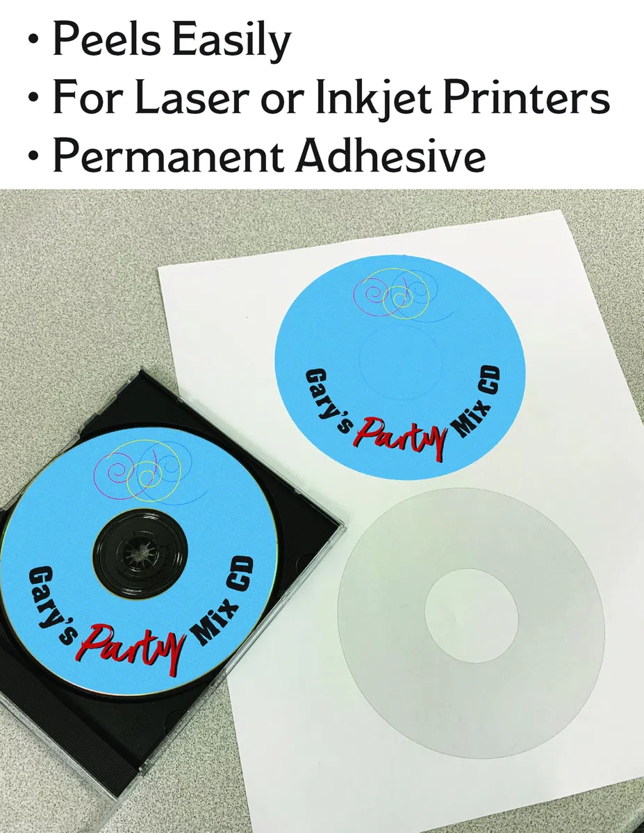CD/DVD etiquetas compatible palabra plantilla 5824 tamaño etiquetas. En blanco etiquetas de inyección de tinta y tóner garantizada. Fabricadas en Estados Unidos.