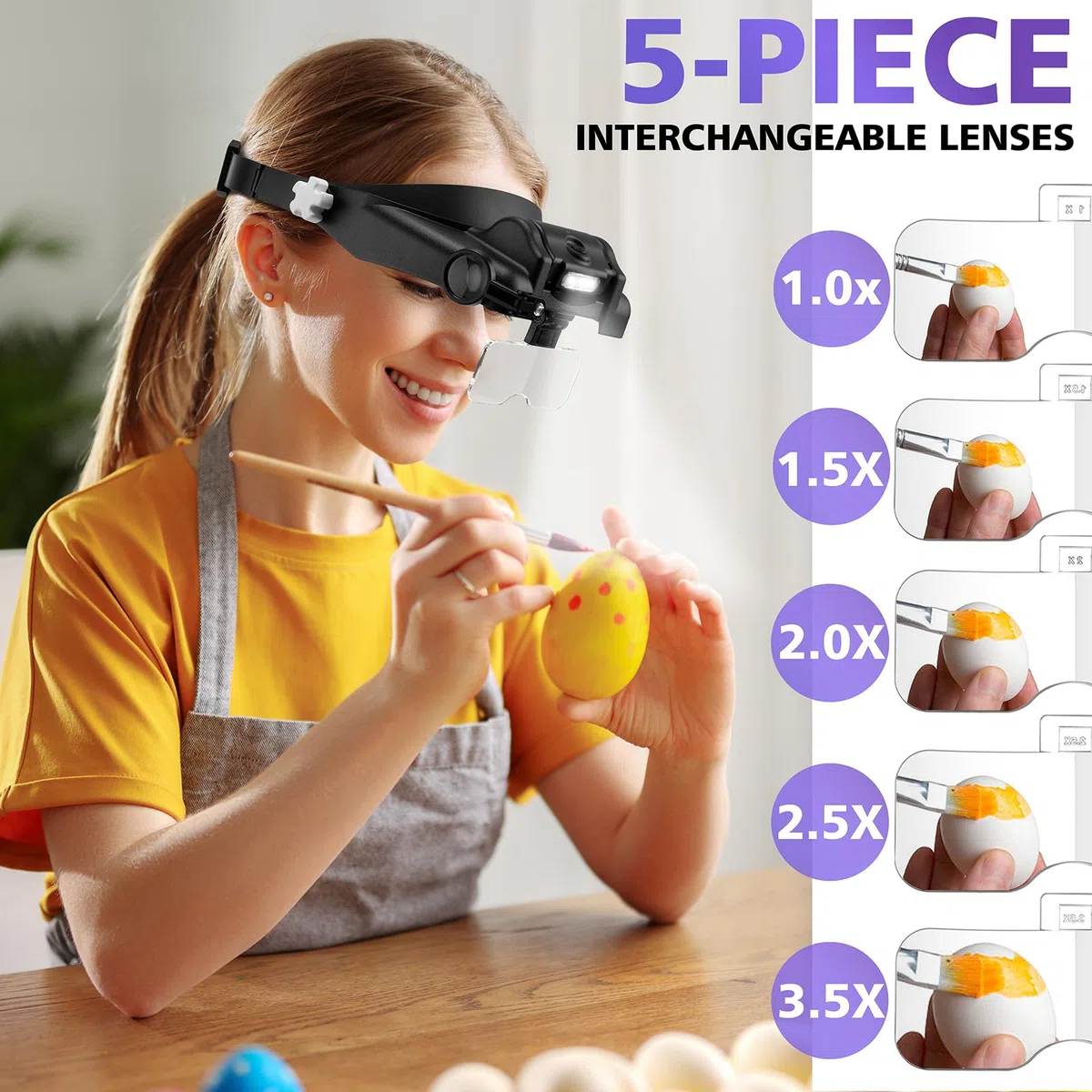 Lupa con luz manos libres, lupa de 1X a 14X para trabajo cercano, auriculares de lupa ajustables para joyeros con lentes intercambiables 1x, 1.5X, 2X, 2.5X, 3.5X para pasatiempos, monedas,