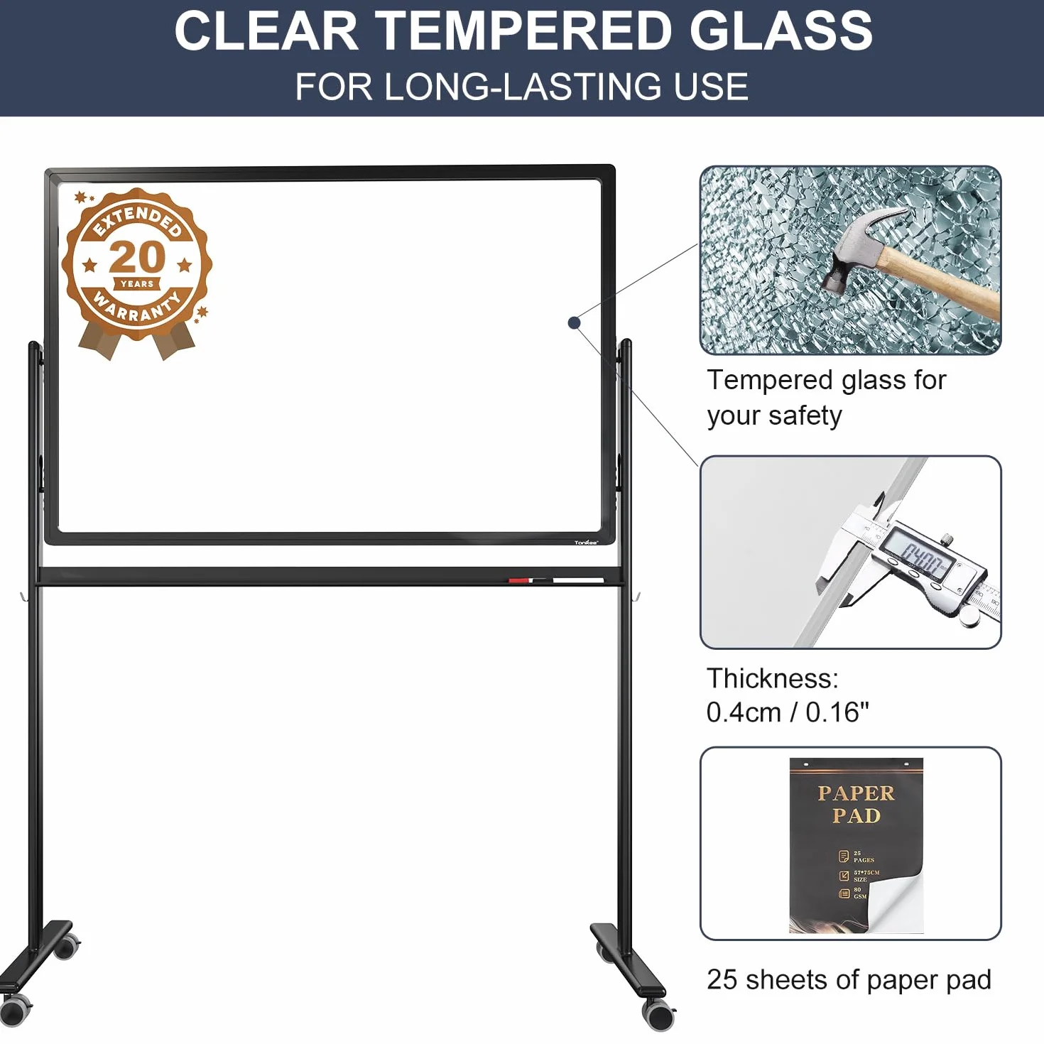 TANKEE - Pizarra blanca móvil de vidrio transparente sobre ruedas, pizarra de borrado en seco de 48 x 32 pulgadas con soporte, pizarra blanca rodante grande con 25 hojas de papel de papel, tablero de