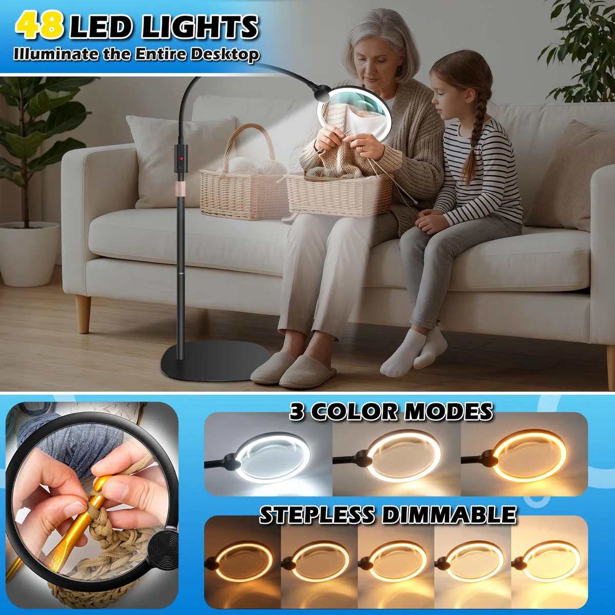 NZQXJXZ 10X Recargable Lupa con Luz y Soporte, Lente HD Grande de 7” | Lámpara Lupa 3 en 1 de Pie/Mesa/Pinza, 3 Modos de Color, LED Regulable Cuello de Cisne para Lectura Manualidades Reparación