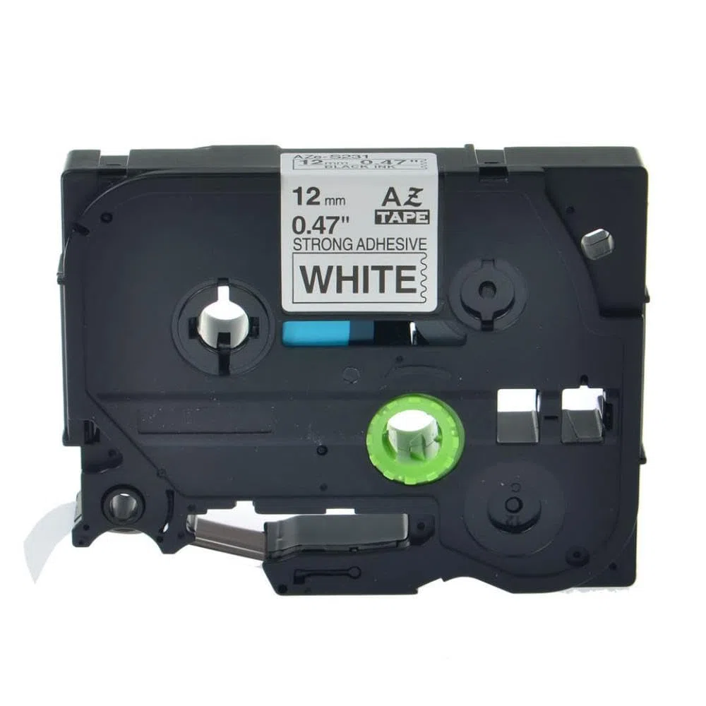 10 Rollos de Cinta Adhesiva Resistente, Negro sobre Blanco, 12mm, 8m, compatibles con Cintas para rotuladoras TZe-S231 Tz Tze S231