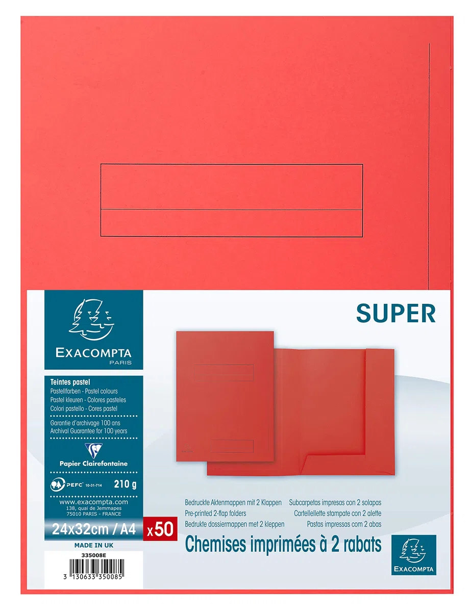 Exacompta 335008E - Lote de 50 Subcarpetas Super 250 Impresas y con 2 Solapas, Color Rojo