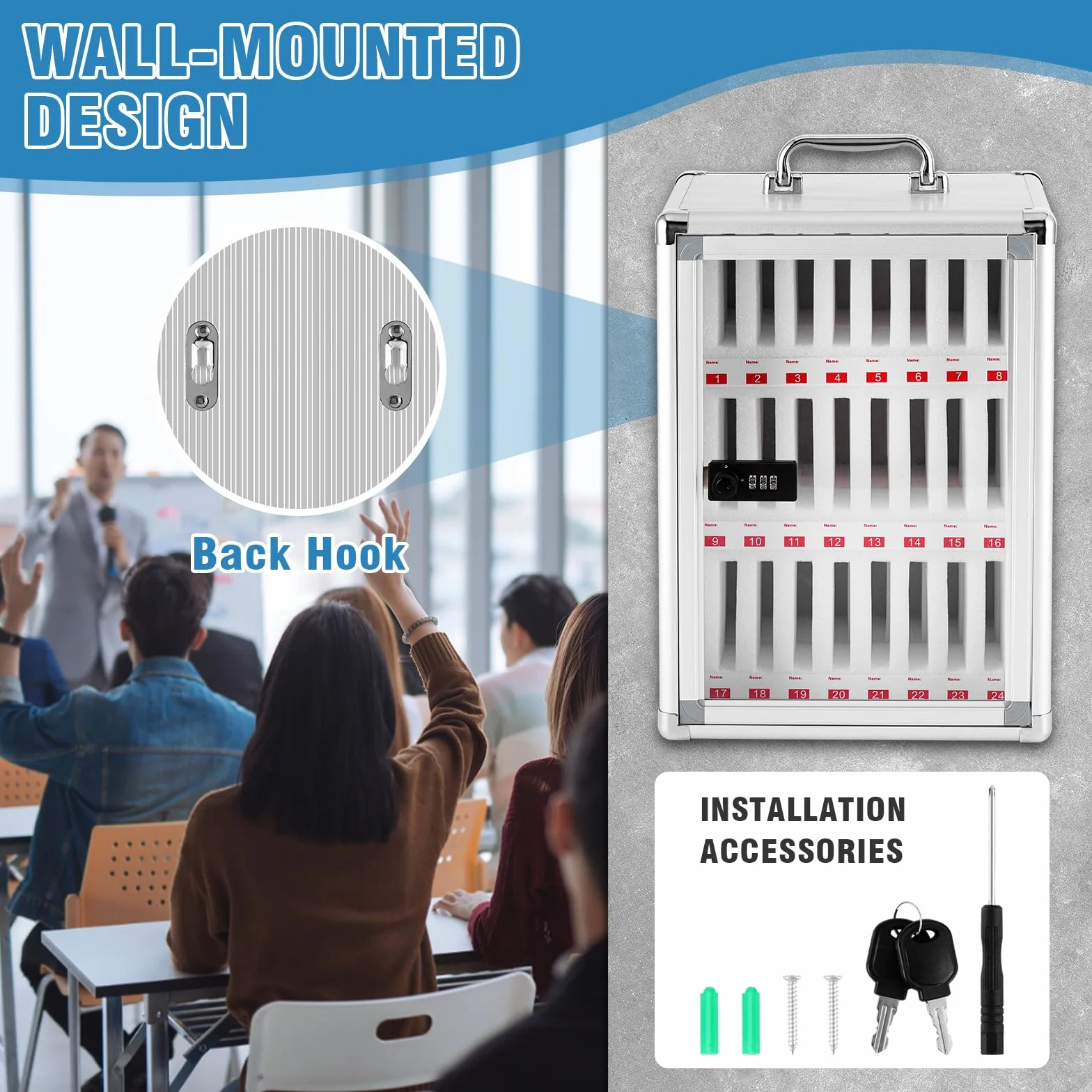MXBAOHENG Gabinete de Almacenamiento para teléfono móvil de aleación de Aluminio con 24 Ranuras Caja de Bloqueo de teléfono montado en la Pared con asa y código para la Empresa de fábrica Escolar