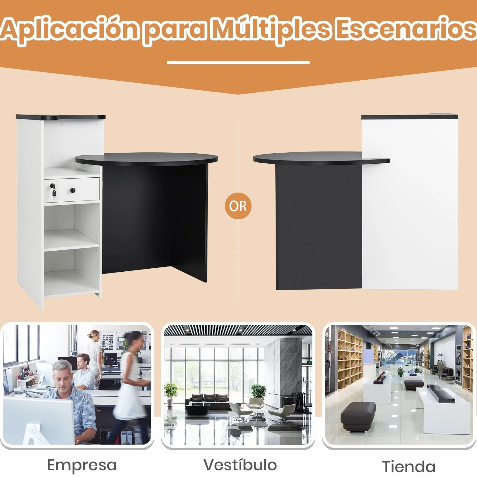 COSTWAY Escritorio de Recepción Ovalado con Cajón con Cerradura, Estante Ajustable, 120 x 70 x 100 cm, Negro