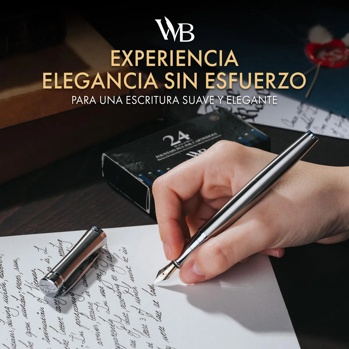 Wordsworth & Black - Juego de plumas estilográficas medias, incluye 6 cartuchos de tinta y un convertidor de recarga de tinta, estuche de regalo, para caligrafía, escritura lisa, cromado y plateado