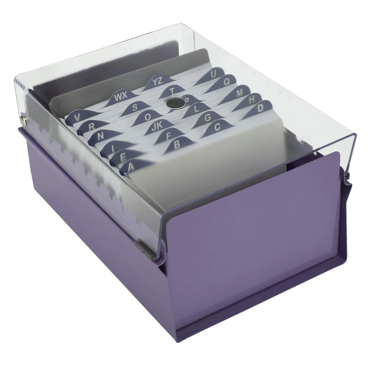 Acrimet Porta Tarjeta 4"x 6", Organizador de Fichas, Base de Metal Resistente (Incluye Índice AZ y un Divisor de Plastico) (Base Morado y Tapa de Plástico Transparente)