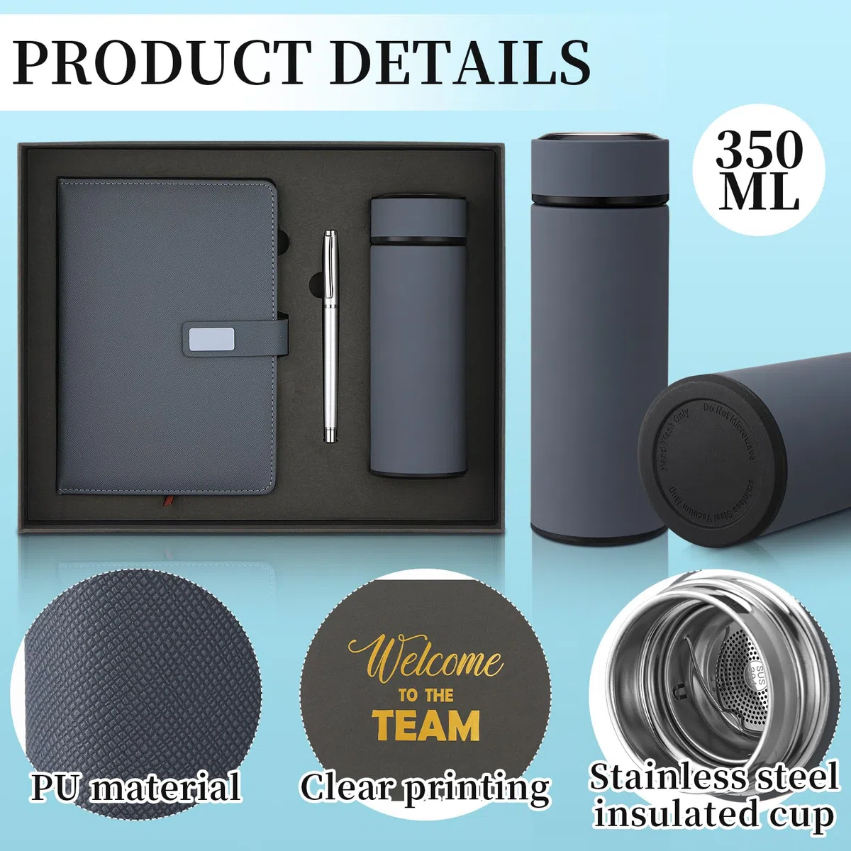 Thenshop Juego de regalo de bienvenida al equipo para nuevos empleados, cuaderno, bolígrafo y vaso, set de regalo de agradecimiento para empleados nuevos empleados (gris)