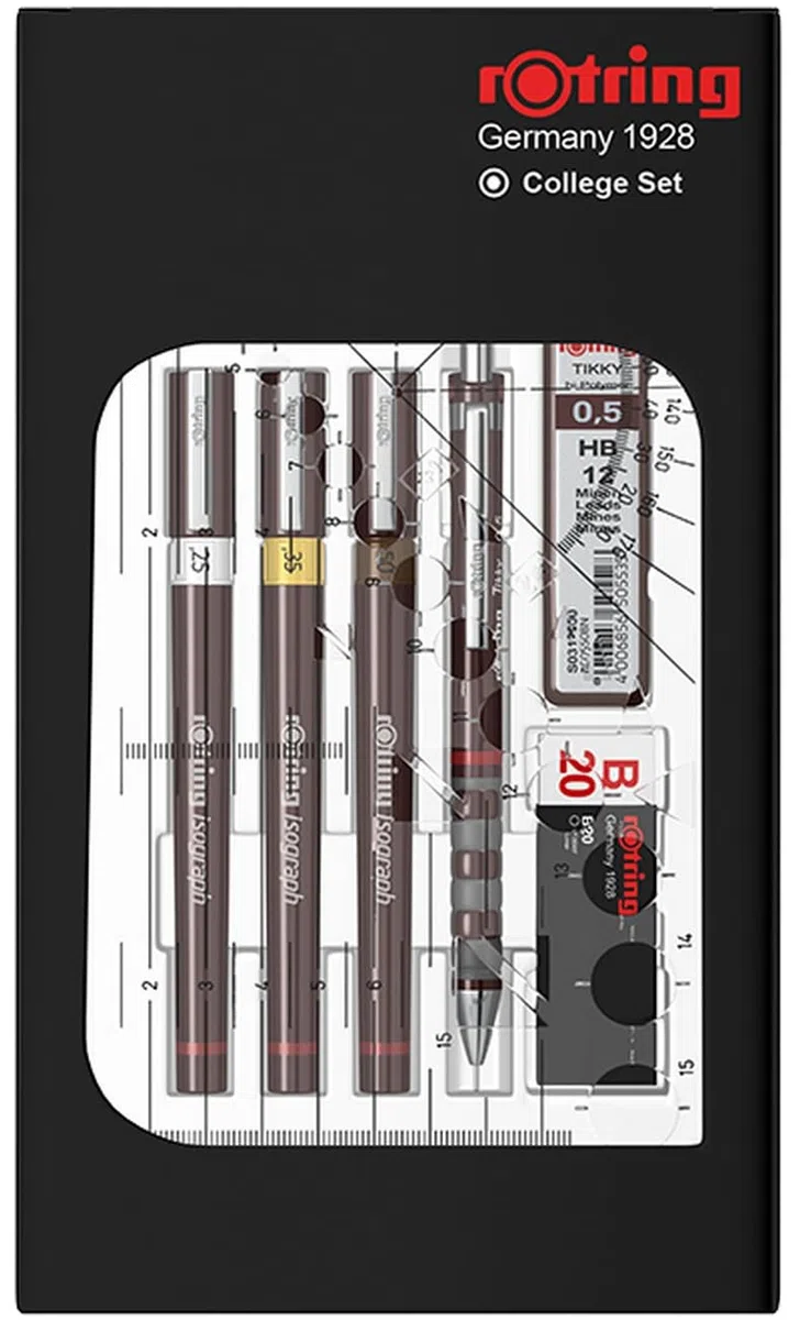 rOtring Isograph S0699380 - Juego de bolígrafo y lápiz de punta fina S0699380 | 3 bolígrafos técnicos (0,25 mm, 0,35 mm, 0,50 mm) y portaminas (0,5 mm) | Accesorios con cuaderno
