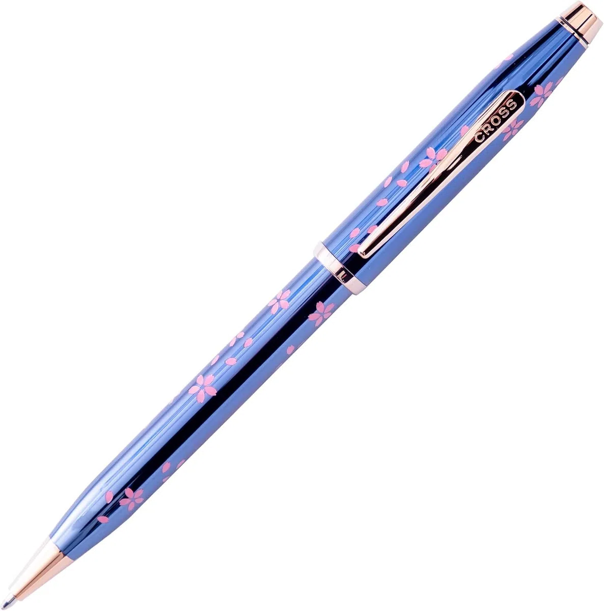 Cross Century II Cherry Blossom - Bolígrafo (trazos M, color de escritura: negro, mecanismo de giro, incluye caja de regalo), color azul translúcido, herrajes de acero inoxidable chapado en oro rosa