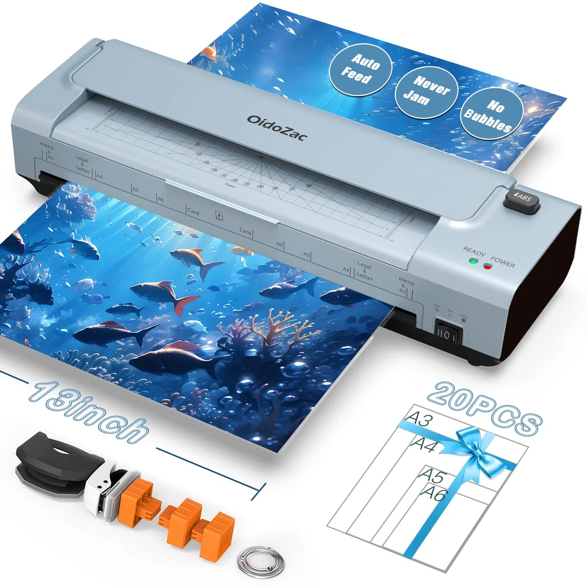 Plastificadora A3/A4 de 13 pulgadas con 20 láminas de laminación, plastificadora en caliente y frío, ABS antiatascos, laminador 10 en 1 con cortador, recortadora y redondeador de esquinas para oficina