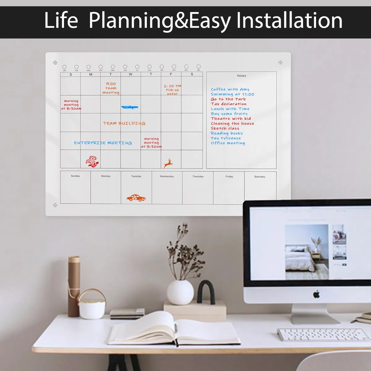 Calendario de pared grande de 61 x 40 cm, acrílico de borrado en seco