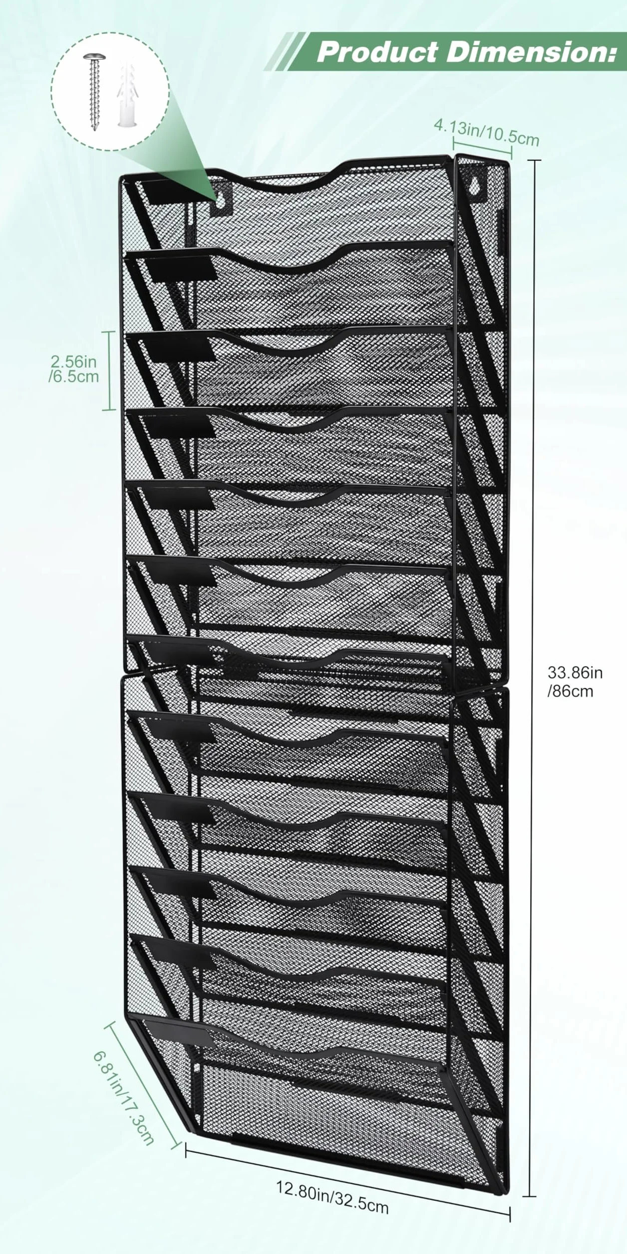 Revistero Pared Malla Metal 12 Compartimentos Organizador Documentos A4 Colgante Negro