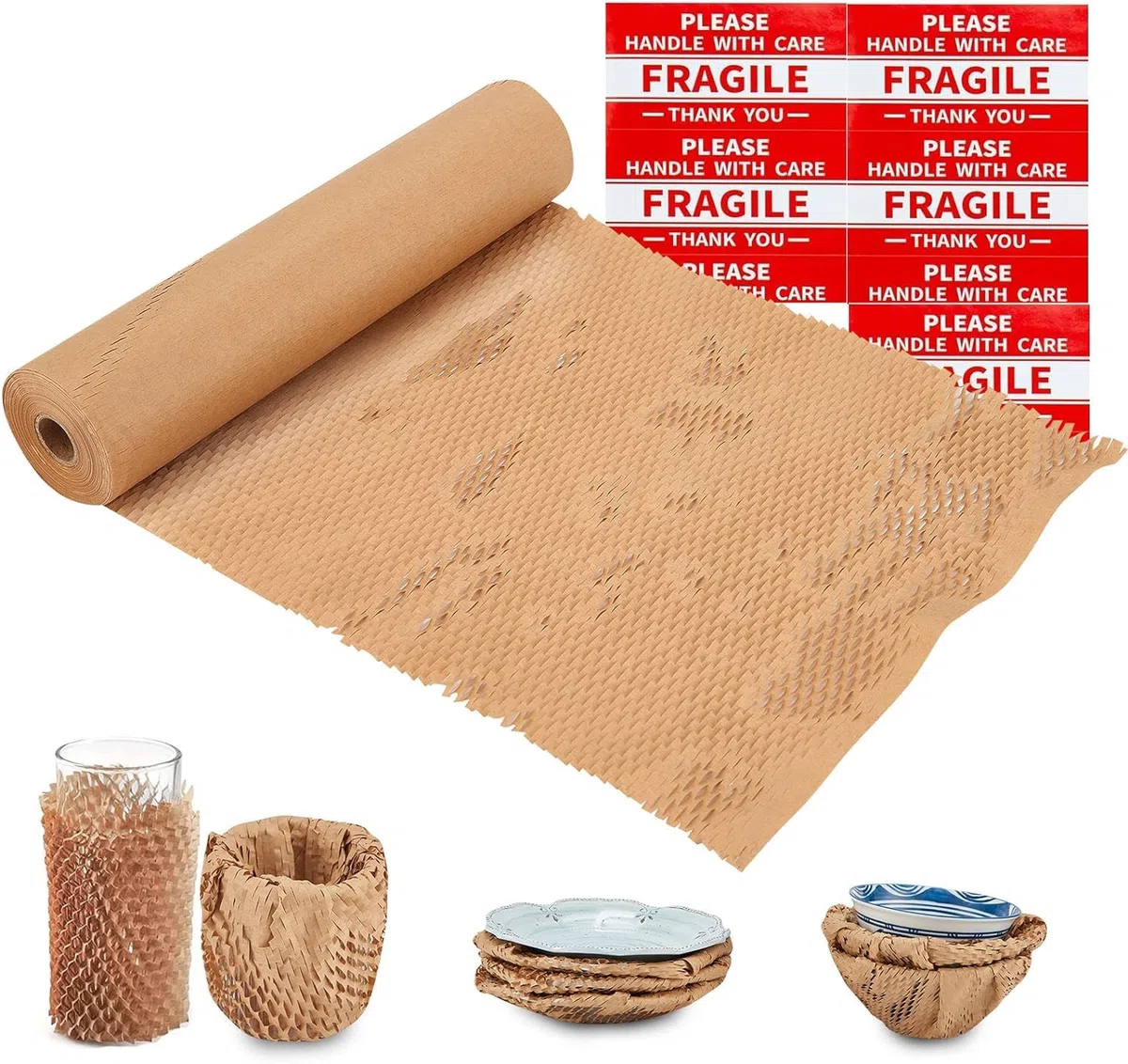 Papel de embalaje de panal, rollo de papel de burbujas de 15 x 300 pies para mudanzas, envíos, regalos de embalaje rompibles con 20 calcomanías frágiles biodegradables y totalmente reciclables, papel