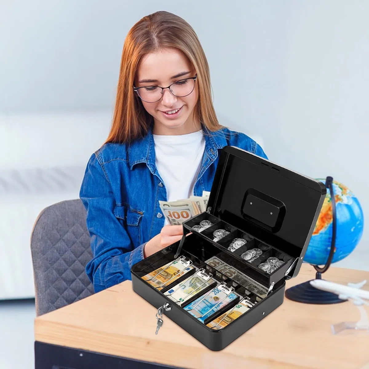 Cajón de efectivo, con cerradura, 4 compartimentos para billetes/5 | compartimentos para monedas, carcasa de metal, hucha con llaves, cajón pequeño para registradora, de efectivo con c