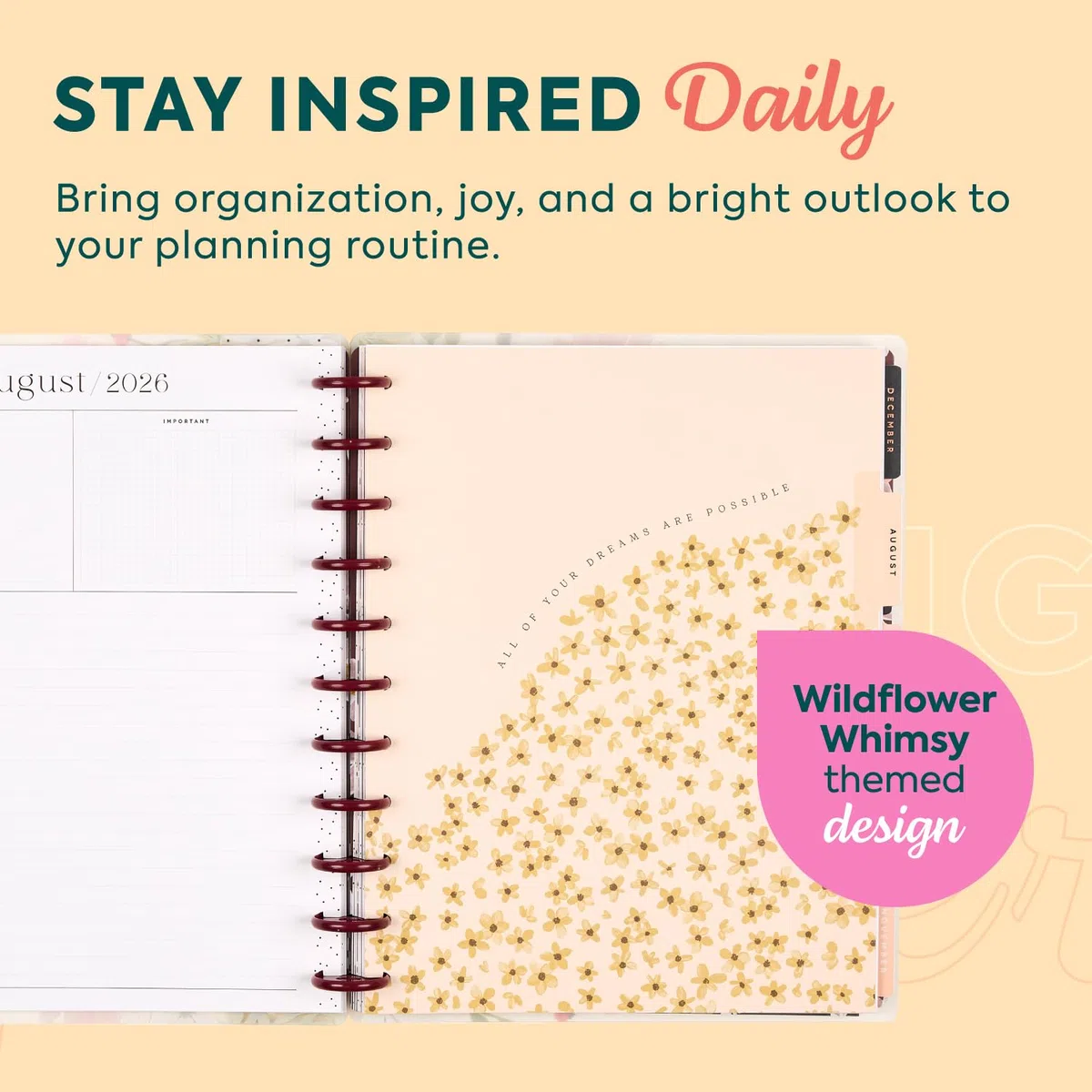 Happy Planner - Planificador encuadernado en disco de julio de 2026 a junio de 2027, tamaño grande | Incluye 3 meses adicionales y 2 hojas de calcomanías, 8.5 x 11 pulgadas, diseño de salpicadero, tema de flores silvestres