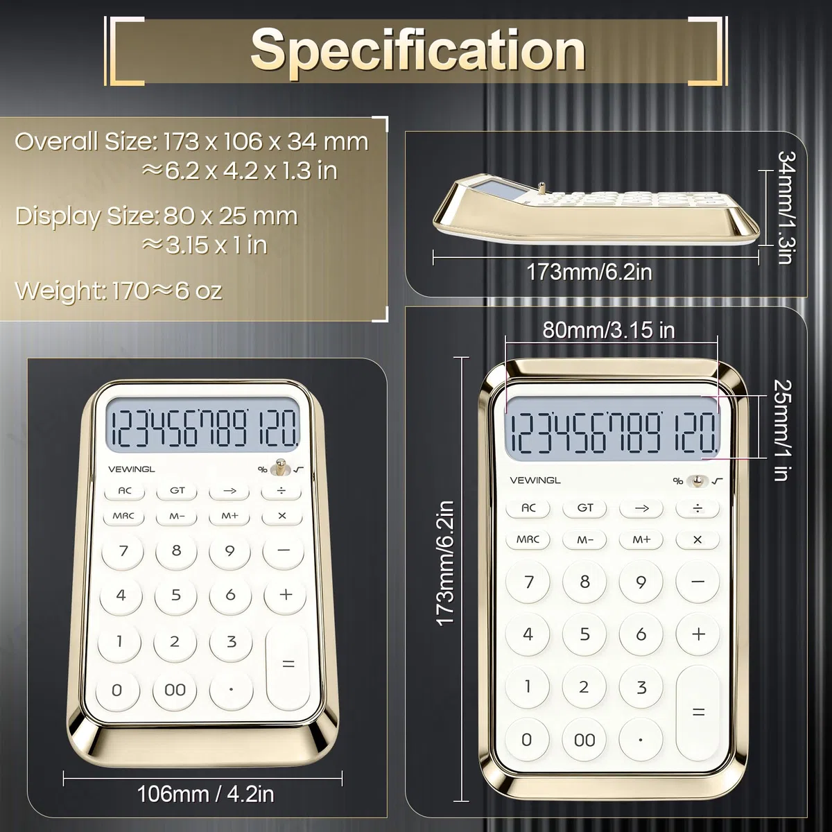 VEWINGL Calculadora de escritorio, pantalla HD de 12 dígitos con % de tecla, superficie metálica chapada al vacío, ideal para oficina, escuela u hogar (blanco galvanizado, sin voz)