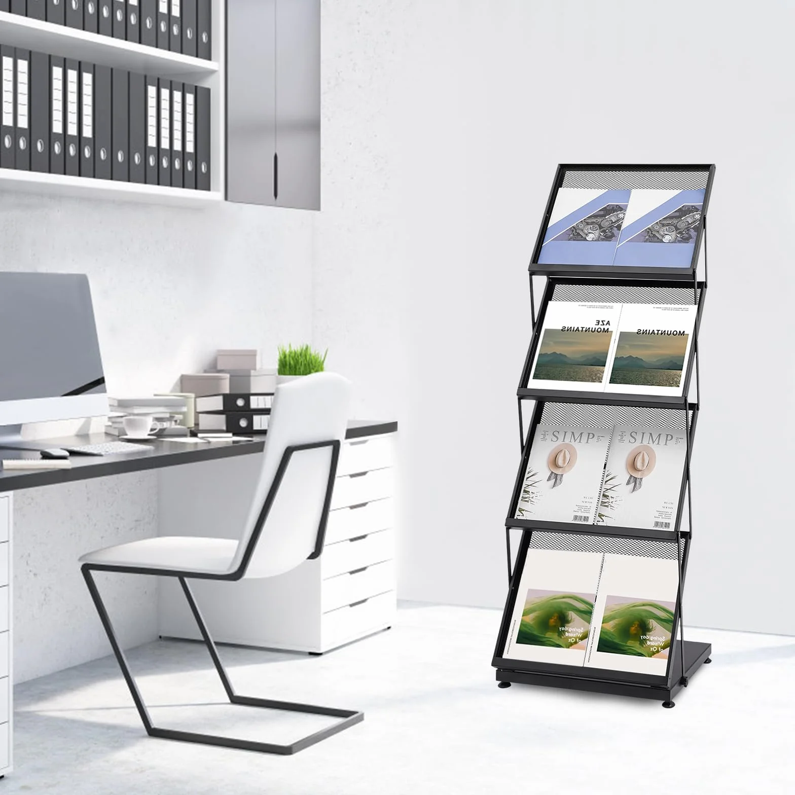 Expositor de Revistas Soporte Para Portafolletos Plegable de 4 Niveles, A3, Soporte Para Folletos de Suelo, Formato Vertical, Plegable, Para Casa, Oficina, Expositor