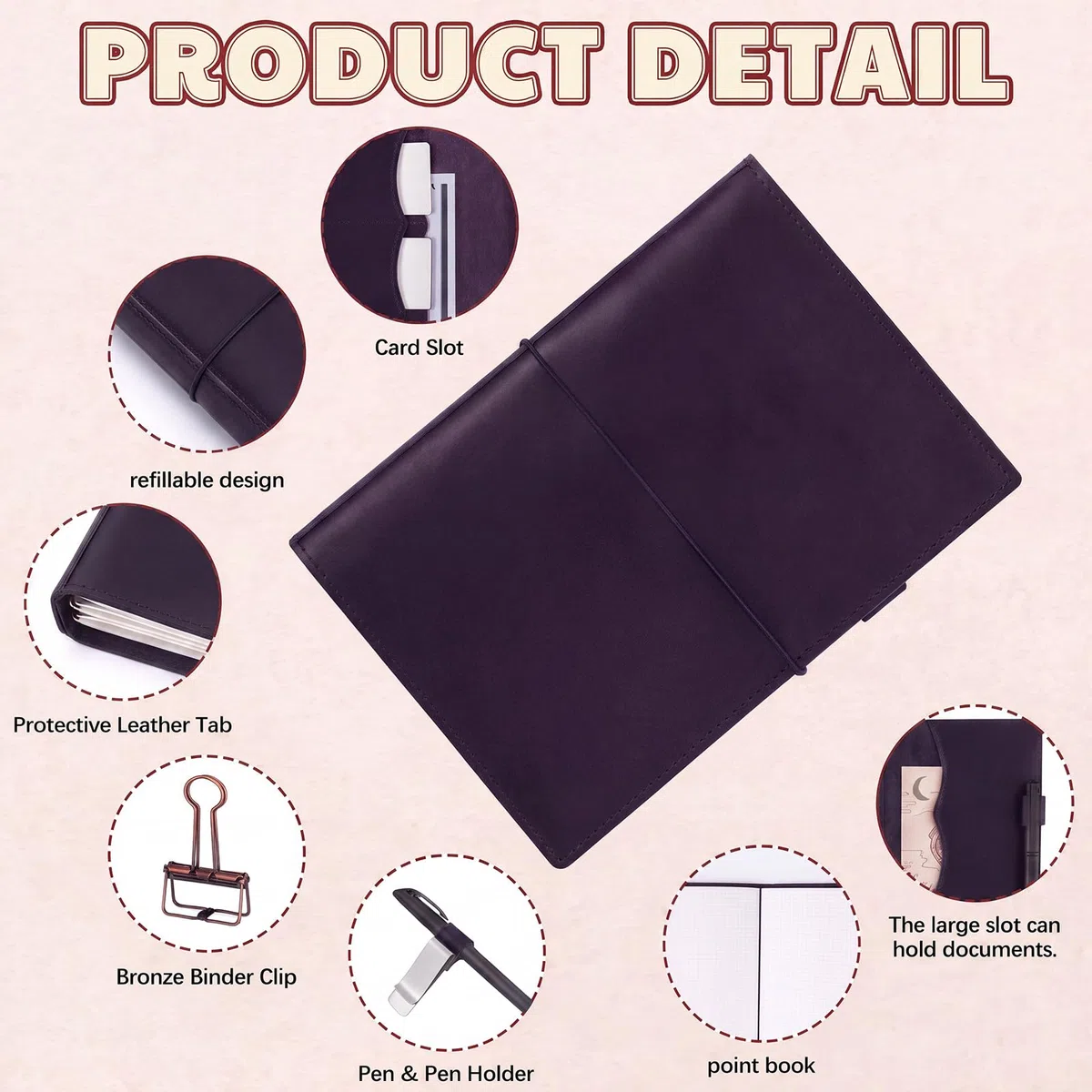 Eaasty Funda de cuero para cuaderno de viajeros A5 con bolsillos interiores, ranuras para tarjetas y soporte para bolígrafos, inserciones de diario de viajero, carpeta de PVC, clip de carpeta y bandas