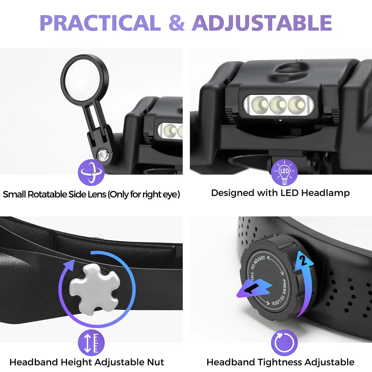 Lupa con luz manos libres, lupa de 1X a 14X para trabajo cercano, auriculares de lupa ajustables para joyeros con lentes intercambiables 1x, 1.5X, 2X, 2.5X, 3.5X para pasatiempos, monedas,