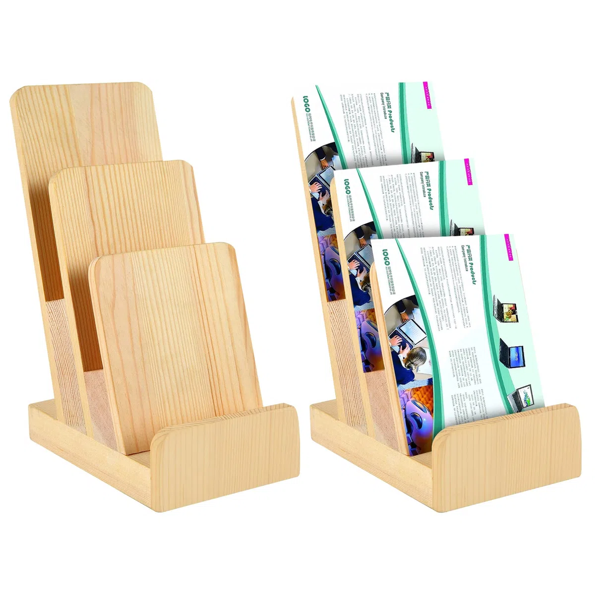 2 soportes de madera de pino de 3 niveles, soporte de exhibición de folletos, organizador de folletos triple, soporte de postales y encimera, soporte de exhibición de madera para revistas, folletos,