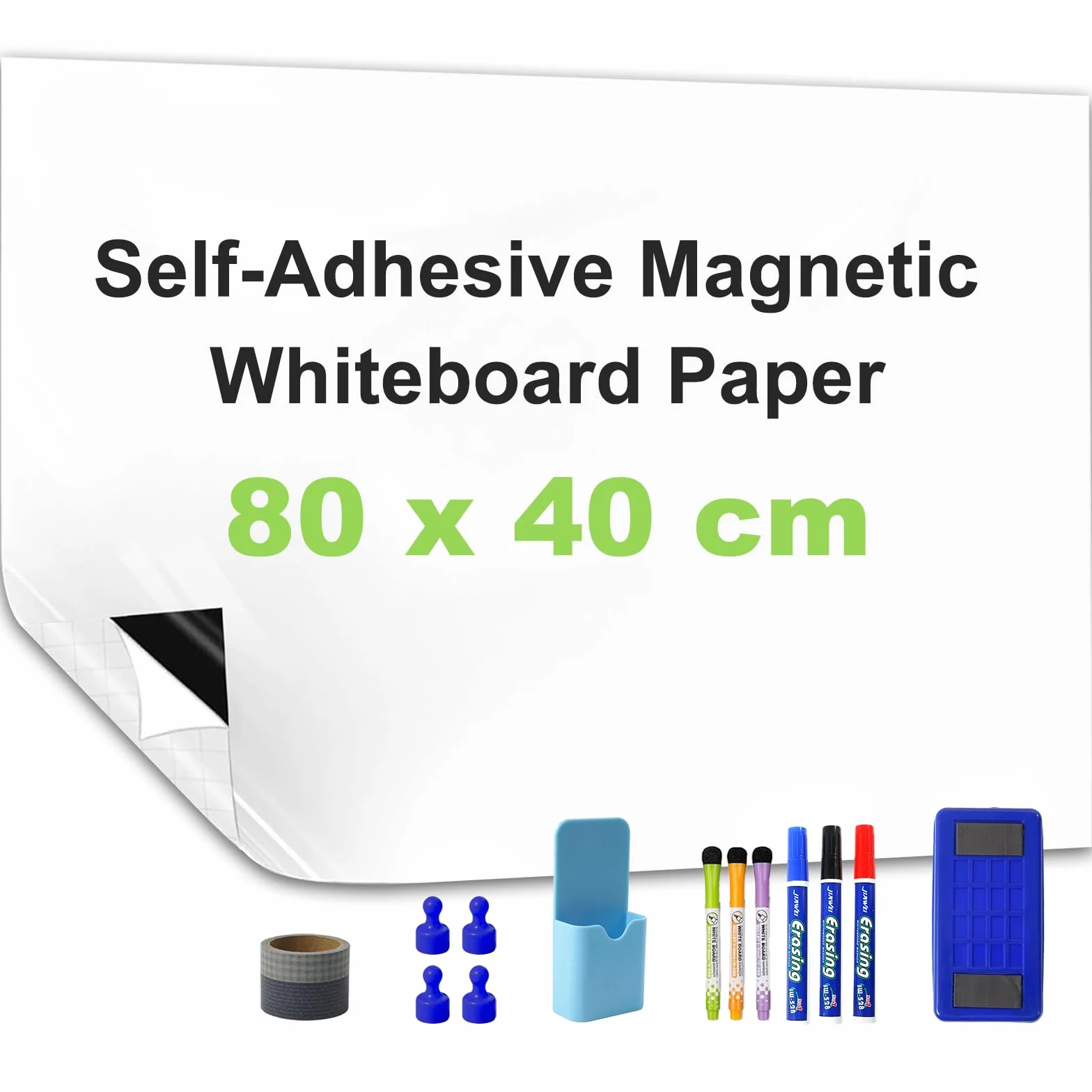 Rollo de pizarra blanca magnética adhesiva 80 x 40 cm papel borrable con rotuladores borrador e imanes