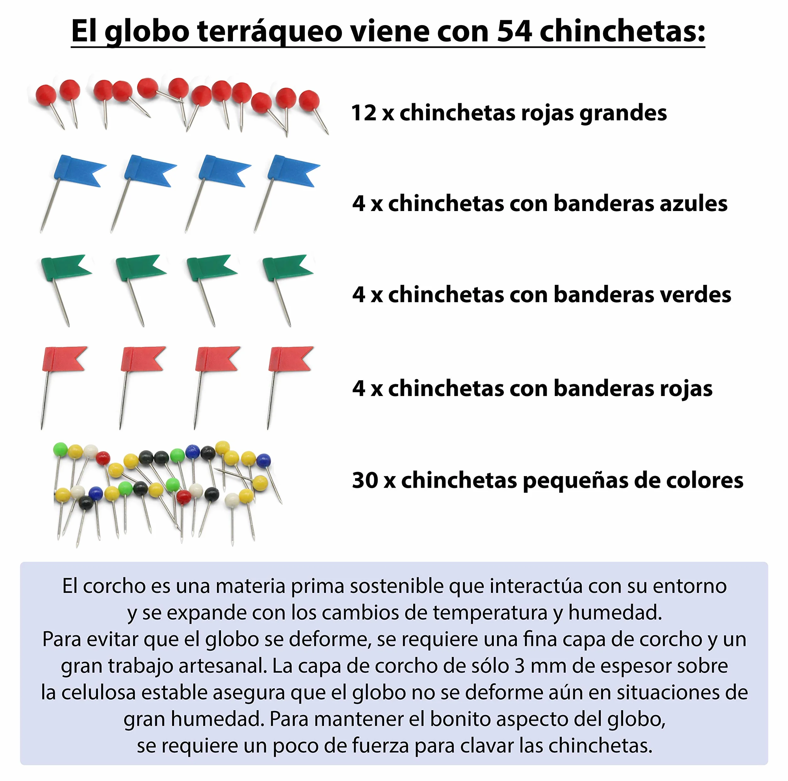 Globo terráqueo de corcho de 25 cm de alto con 54 chinchetas diferentes - Globo terráqueo giratorio hecho de corcho - como idea de regalo para los amantes de los viajes