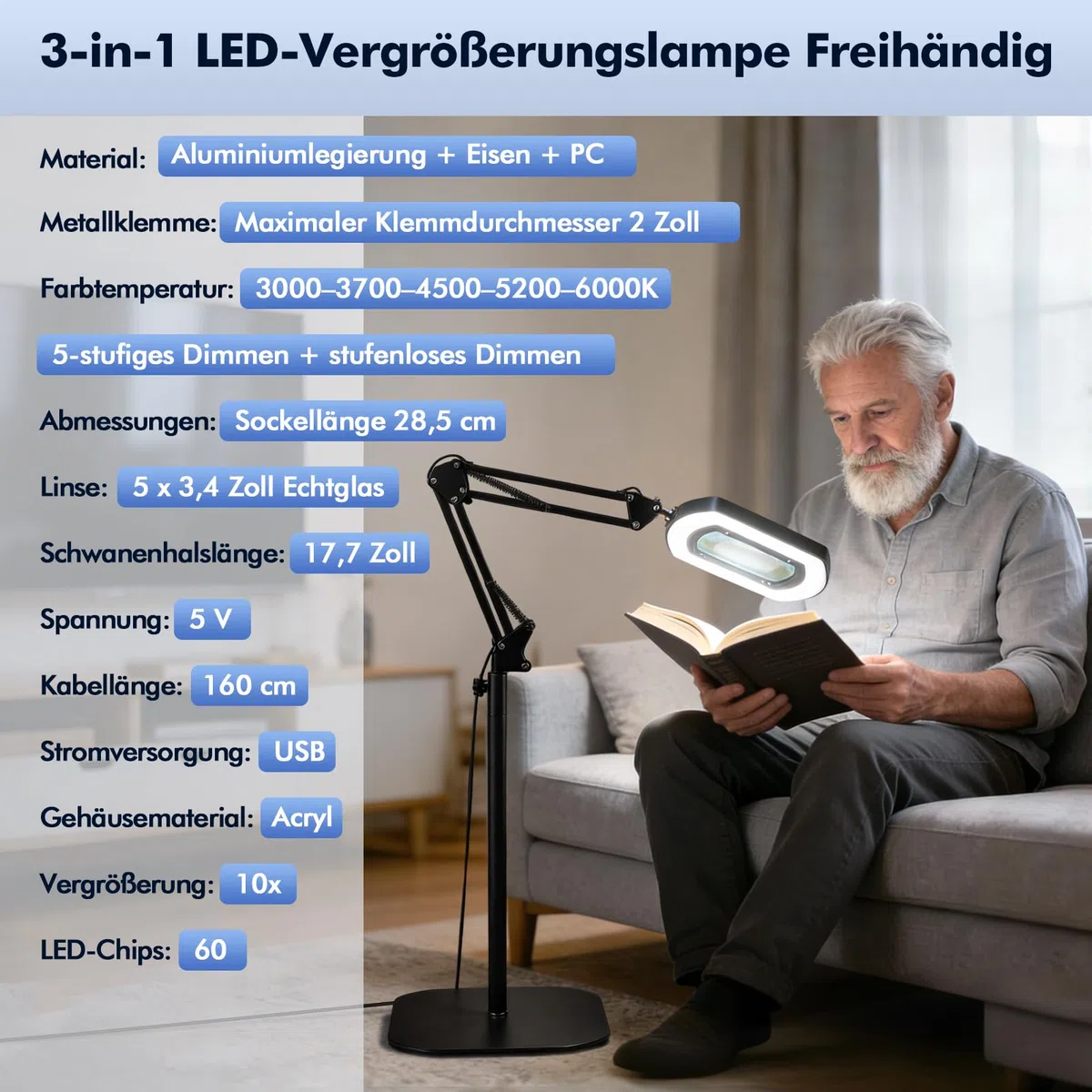 10 lupas con luz y soporte, 3 en 1 LED de aumento, manos libres, 5 modos de color, regulable sin niveles, lupa de lectura para personas mayores, lente de aumento manos libres para pintura, costura
