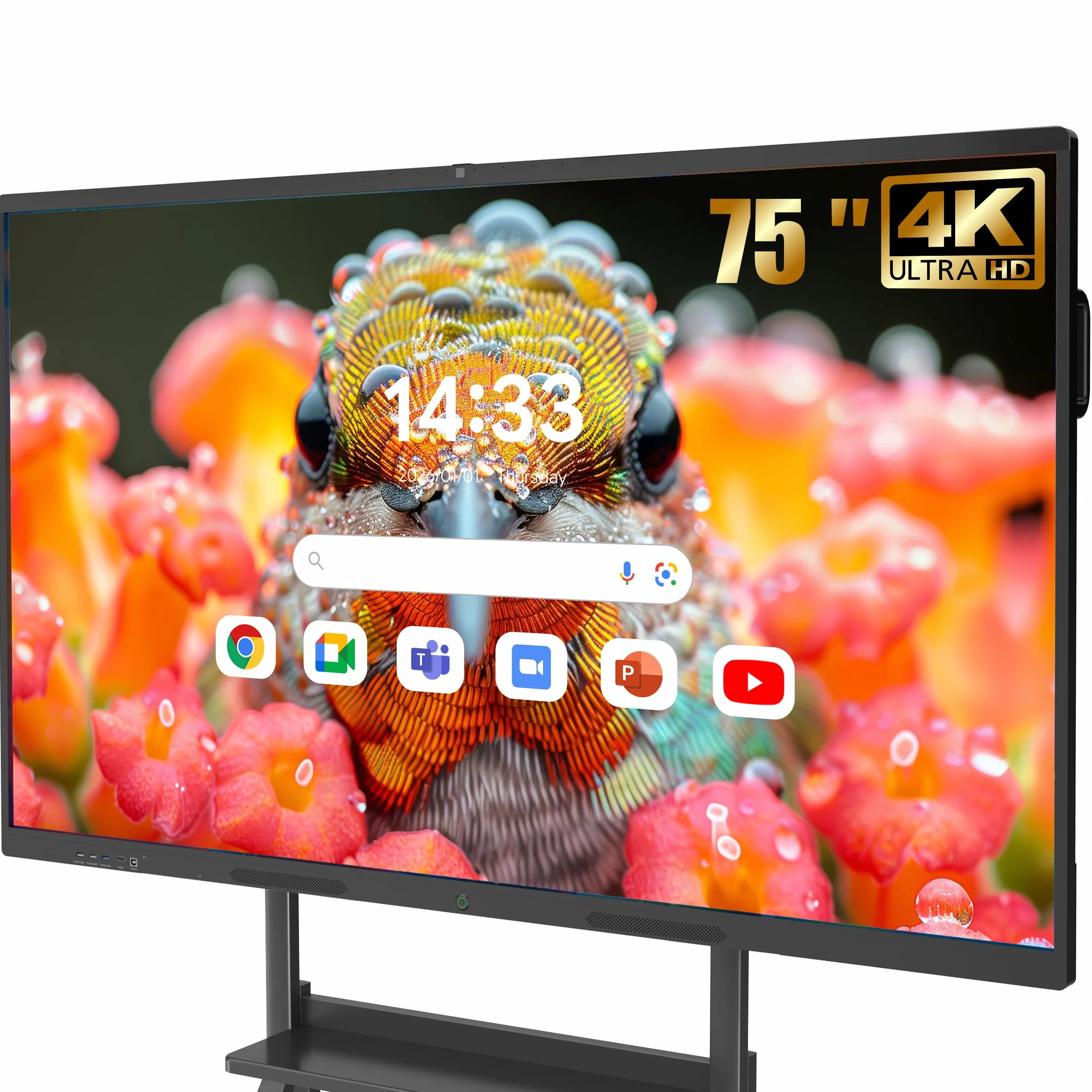 Pizarra Interactiva Digital 75” Smart Board, 4K Ultra HD, Monitor Táctil con Android 13, 8+128GB Almacenamiento, Cámara y Micrófono Integrados, WiFi, Bluetooth y HDMI, para Aula y Oficina