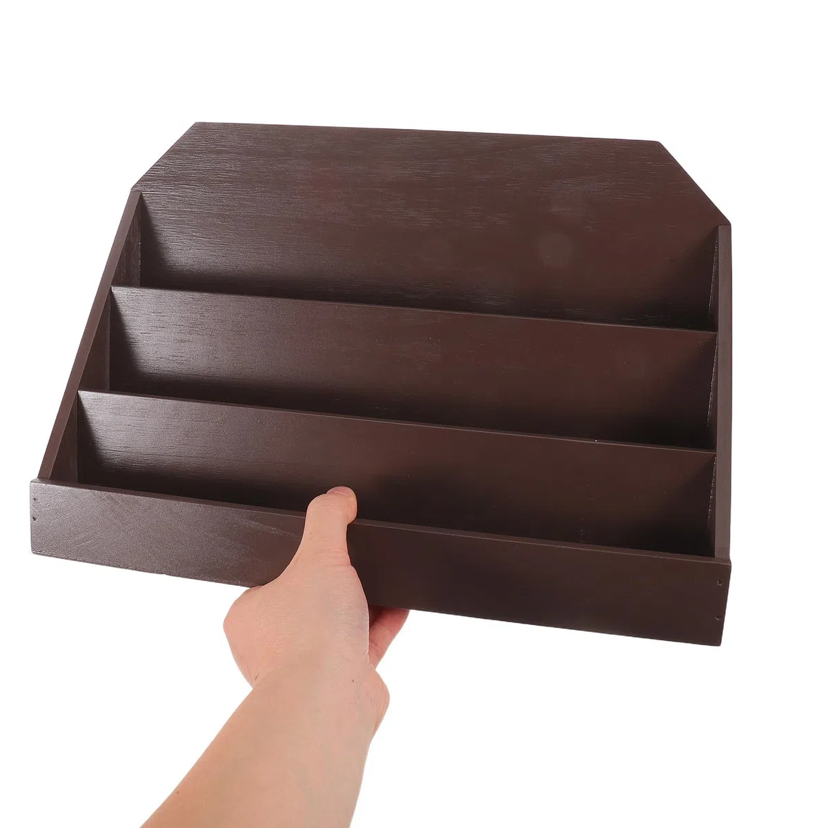 Soporte Expositivo de Tarjetas 3 Niveles de Madera para Mesa | Divisor Multinivel, Color Café, Uso en Oficina y Hogar, para Tarjetas de Visita y Fotos