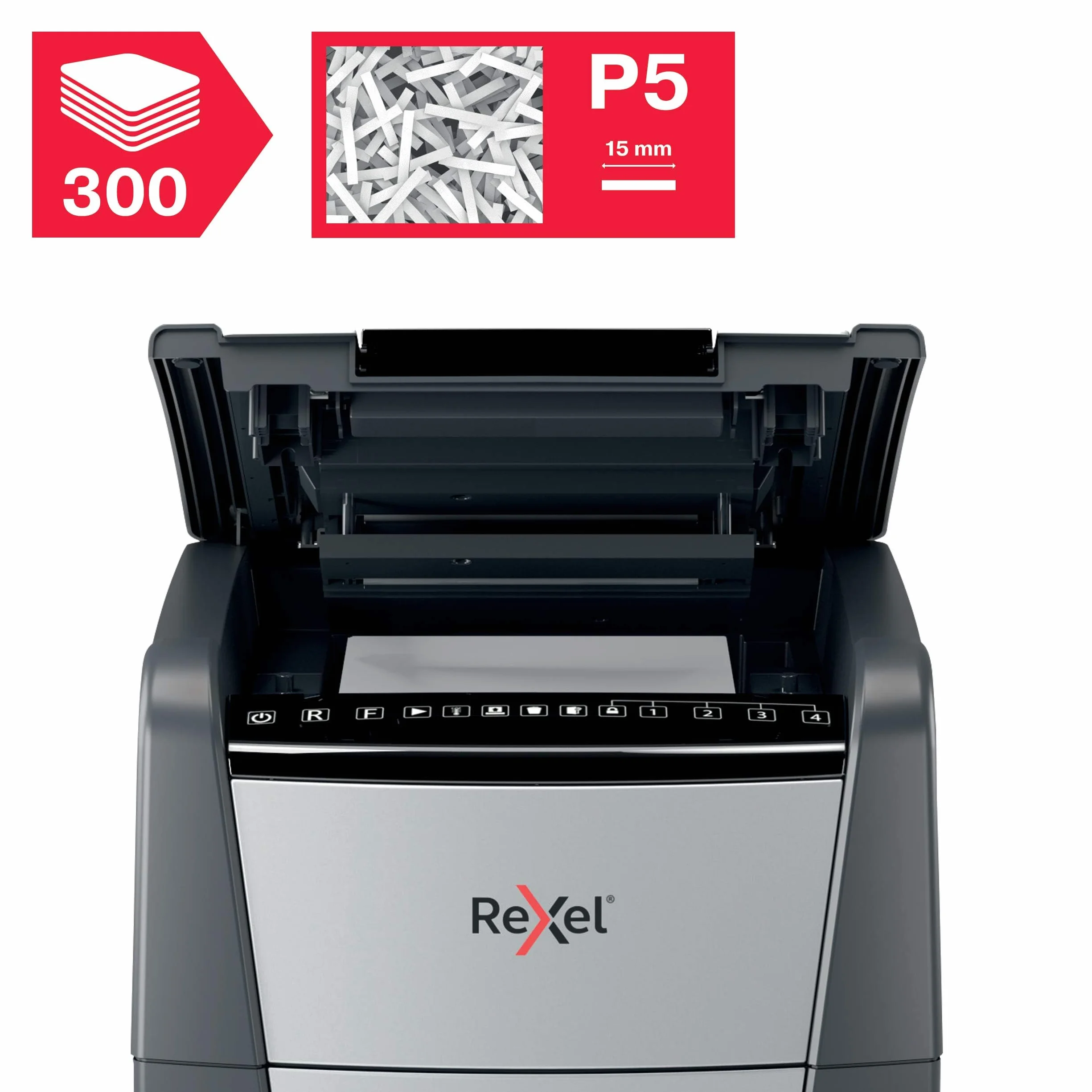 Rexel 2020300MEU - Destructora de Papel Automática Optimum AutoFeed 300M, Microcorte P-5 (2x15 mm), 300 Hojas A4, Papelera Extraíble 60L, Destruye Grapas y Clips, Uso en Oficina, Hasta 10 Usuarios