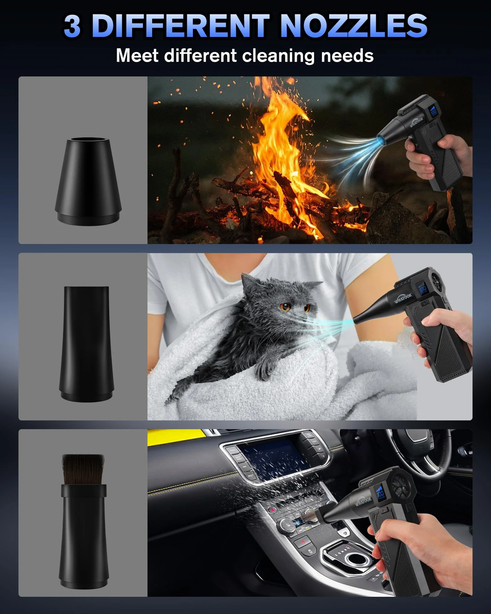 WHATOOK Soplador de Polvo Eléctrico：Plumero de Aire Comprimido 250000RPM 3 Velocidades，Con pantalla LED, Soplador Aire Comprimido para Ordenador, Coche, Oficina,Sofá (828 Air Duster)